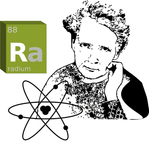 An illustration of Marie Curie with the atomic composition of radium, and its periodic number.