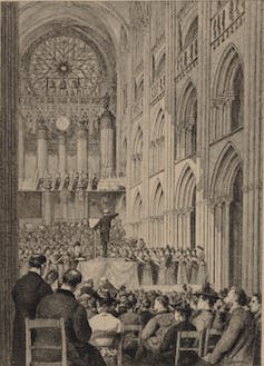 Drawing of the interior of a church where an orchestra plays at the orders of a conductor while the audience listens.