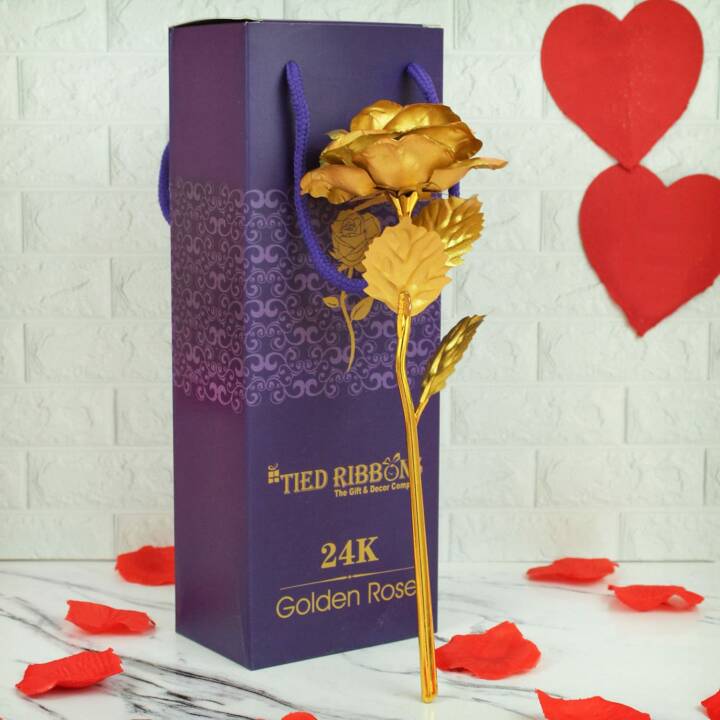 TIED RIBBONS Decorative 24k Gold Plated Artificial Rose Flower with Box
