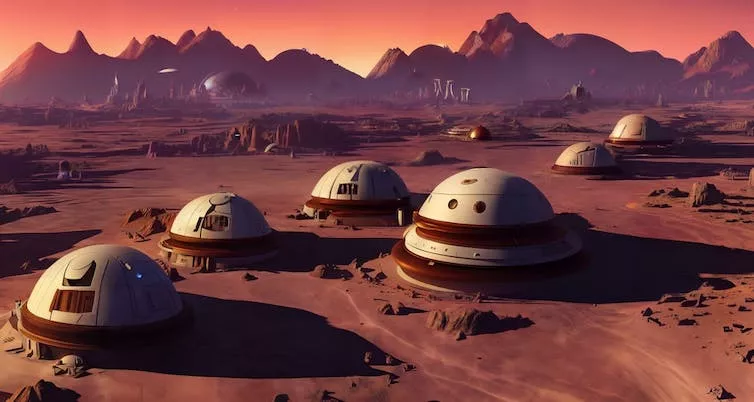 Illustration of a fictional Mars colony of round domes on a red planet with mountains in the background